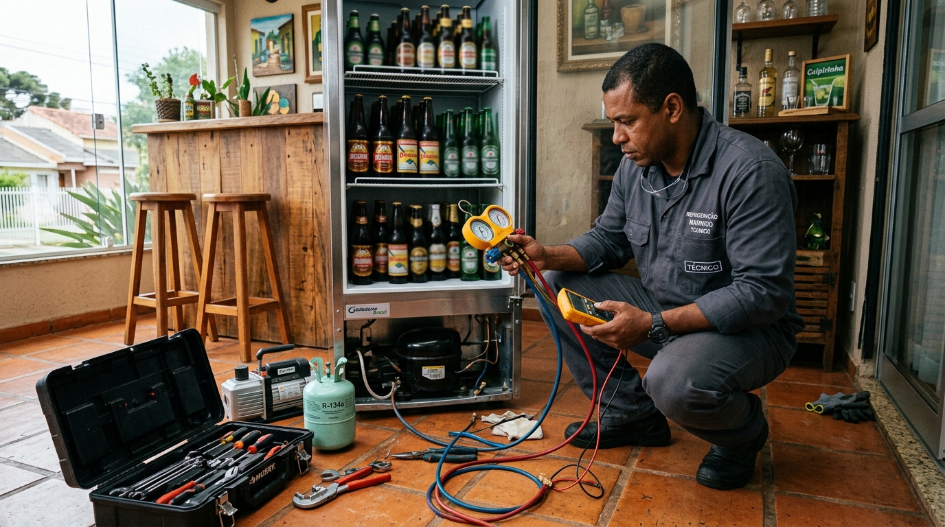 Profissional executando reparo no motor de cervejeira em Campinas‑SP