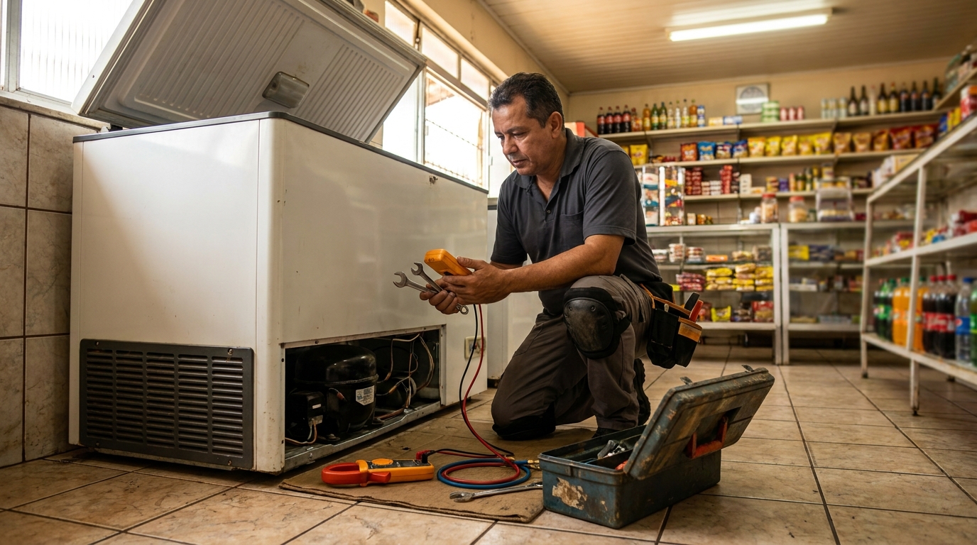 Profissional executando manutenção no motor de freezer em Campinas‑SP