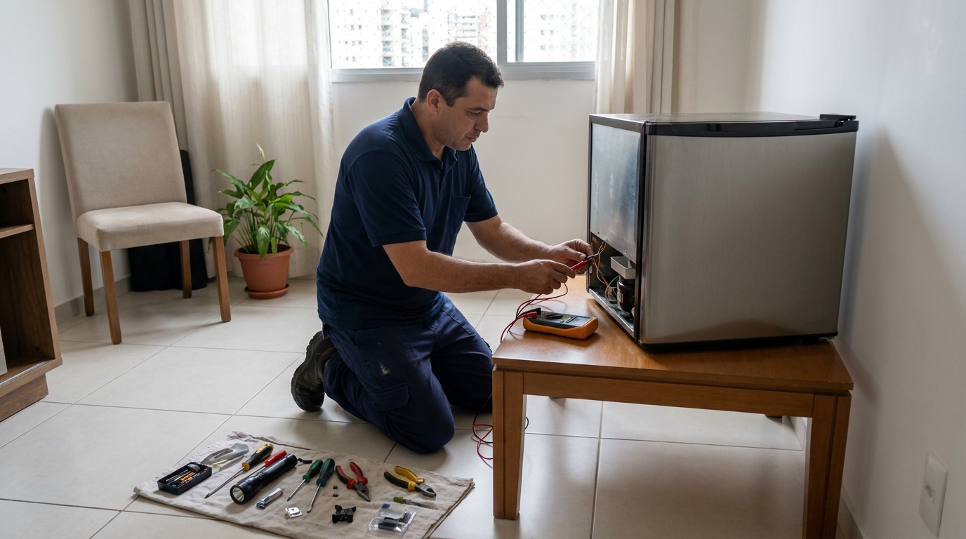 Técnico fazendo manutenção do motor de frigobar em Campinas‑SP