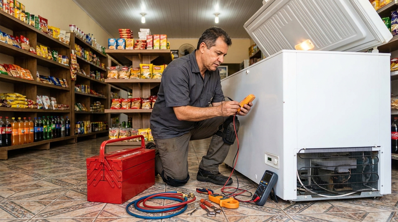 Recarga de gás refrigerante no freezer durante atendimento em Campinas‑SP