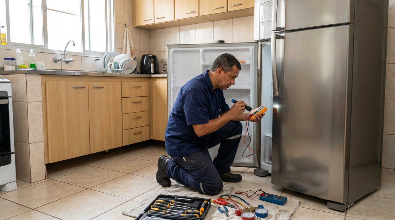 Técnico aplicando recarga de gás refrigerante em geladeira em Campinas‑SP