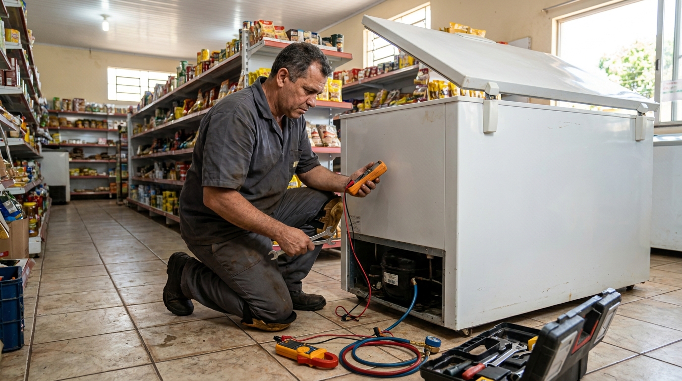 Substituição de termostato de freezer em visita técnica em Campinas‑SP
